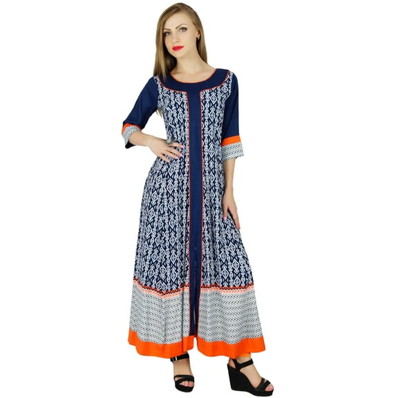 Bimba Women Blue Anarkali Kurta Kurti Fashionable Long Indian Ethnic Blouse Maxi