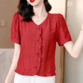 thumbnail image 2 of JUNWELL 2024 New Solid Color Women‘s Summer Casual Versatile Cardigan Button Spliced Ruched Ruffles Loose V-neck Short Sleeve Shirt Tops, 2 of 7
