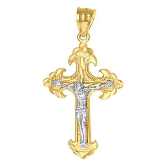 10k 10Kt Gold Two-Tone Diamond-Cut Mens Cross Crucifix Religious Charm Pendant