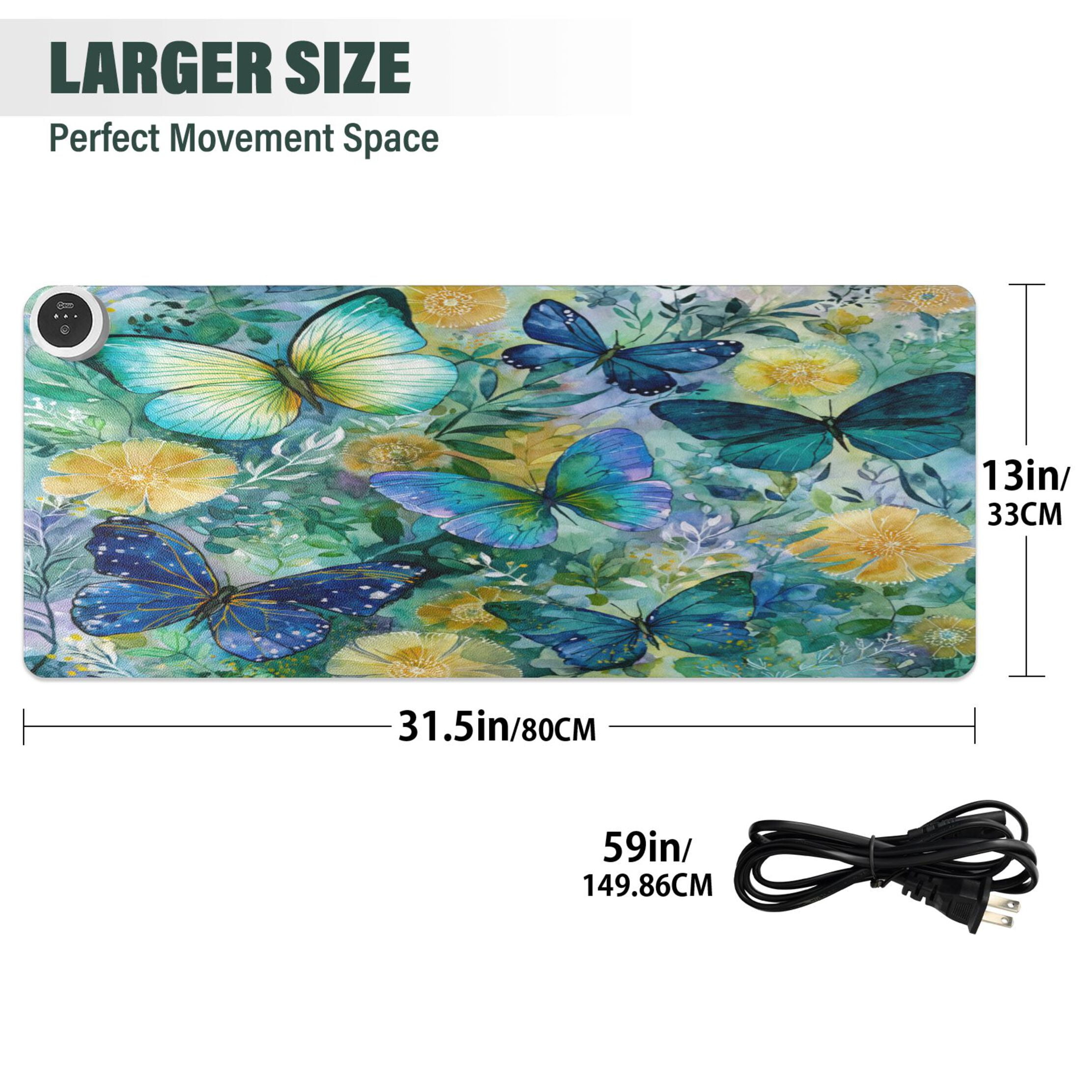Wobogo Green Butterfly Heated Mouse Pad Extra-Large Desk Mat With 3 Heating Levels and 3-hour Auto Shut-Off Protection Ideal for Computer Keyboards Home Office Hand-warming Essential 31.5in × 13in