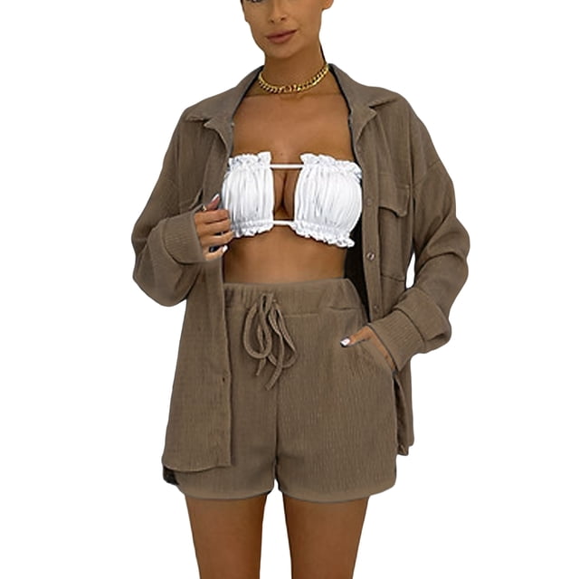 Txlixc Traje de dos piezas para mujeres, camisa de botón de manga larga + pantalones cortos Txlixc moda
