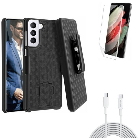 10ft Long Type-C Cable w Matte Screen Protector w Case Belt Clip for Samsung Galaxy S21 Plus - Fast Charger Cord PD, TPU Film Anti-Glare, Holster Swivel Accessory Bundle