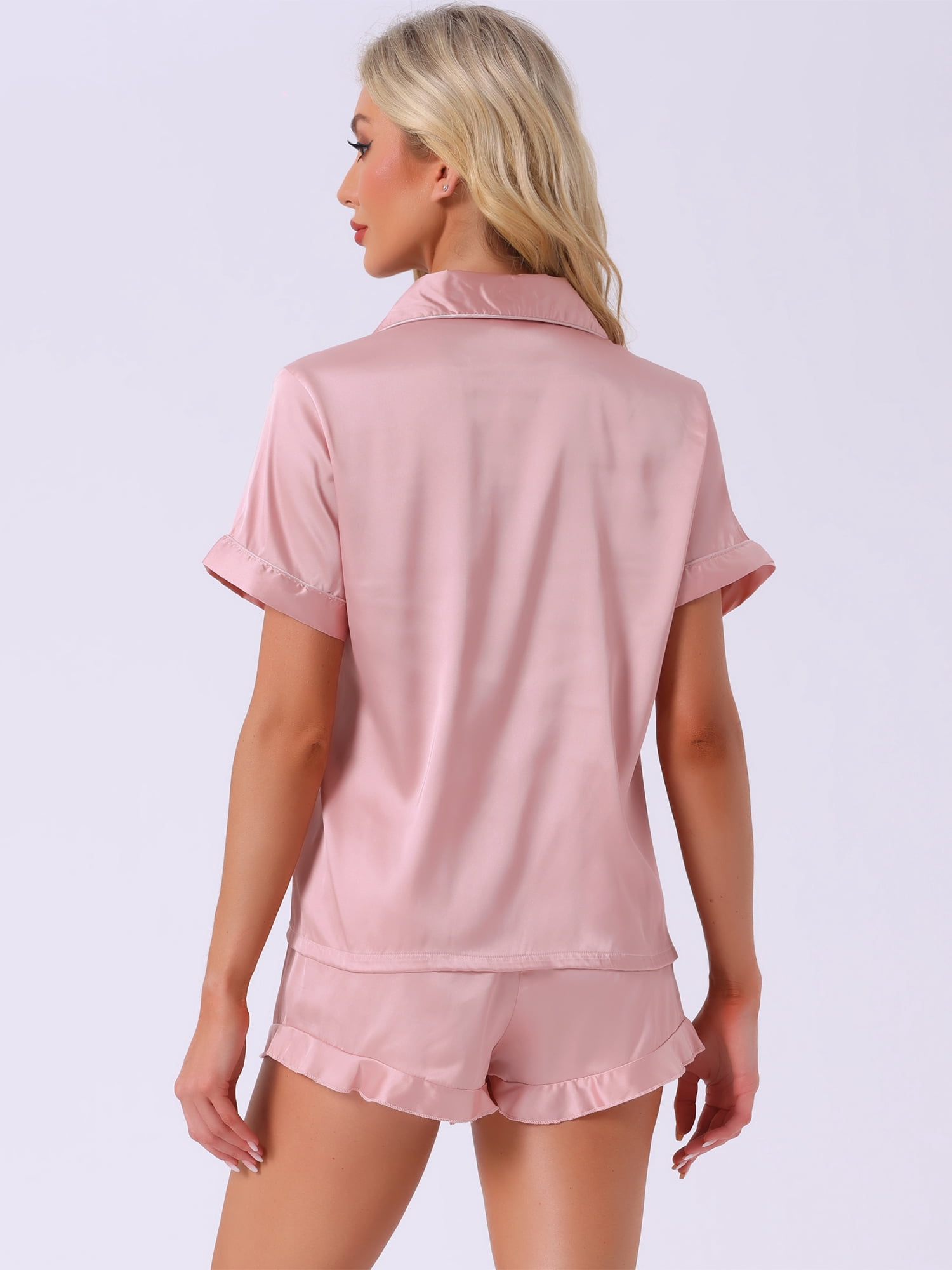 DARING DIVA Women's 2 Pcs Satin Silky Lounge Sets Ruffle Sleepwear Pink XL