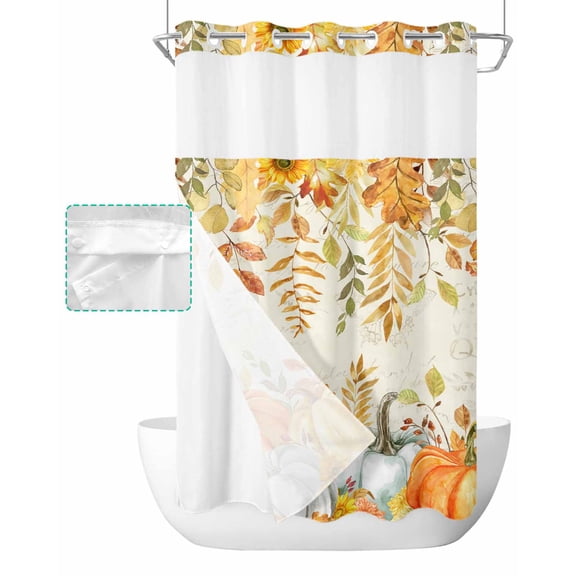 No Hook Shower Curtain with Snap in Liner, Fall Thanksgiving Harvest Retro Pumpkin Leaves Sunflower Shower Curtains for Bathroom, Washable Shower Curtain Liner Set with Mesh Top Window, 36"x78"