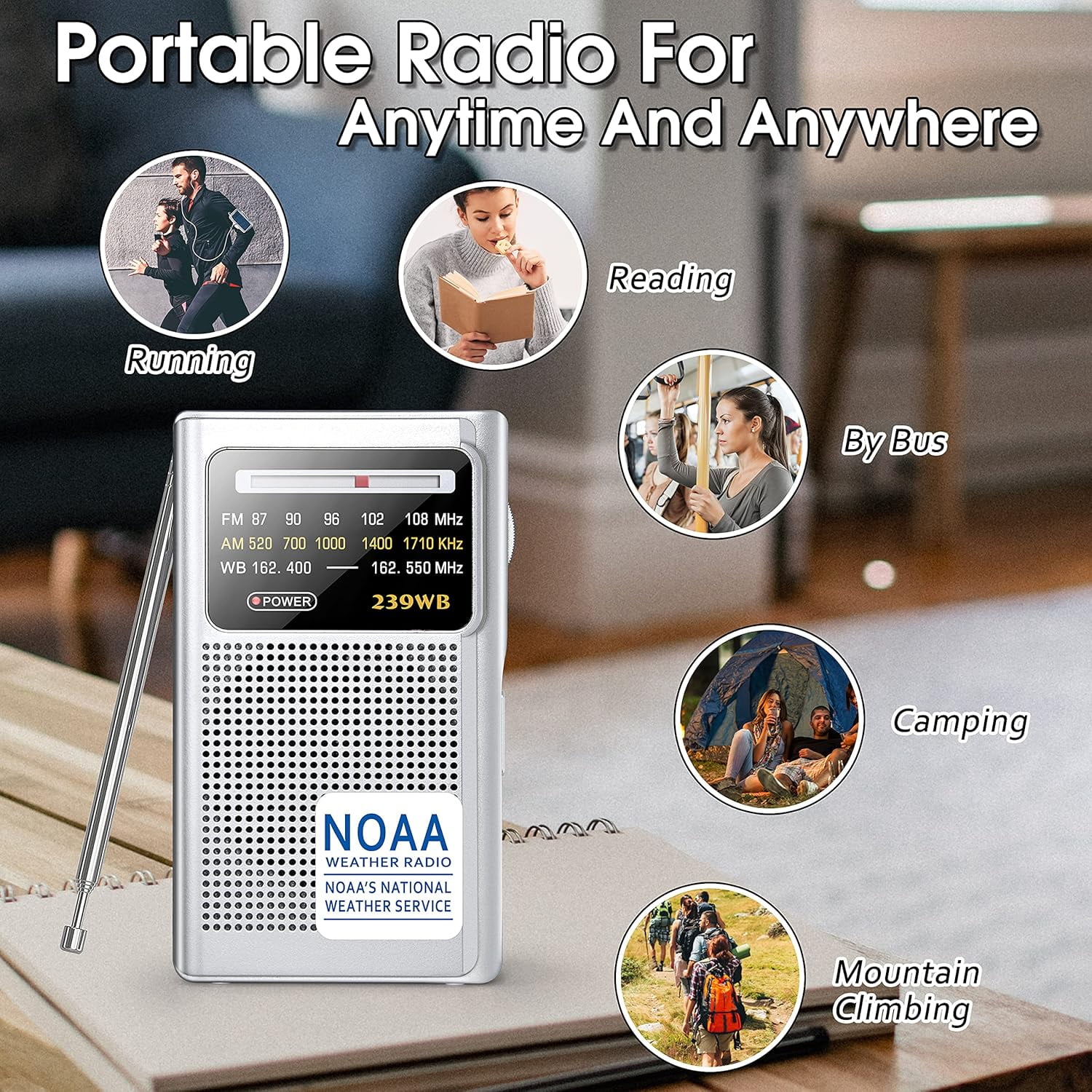 NOAA Weather Radio, AM/FM Battery Operated Transistor Portable Radio with Best Reception,Stereo Earphone Jack,Powered by 2 AA Battery for Emergency,Hurricane,Running, Walking,Home (Silver)