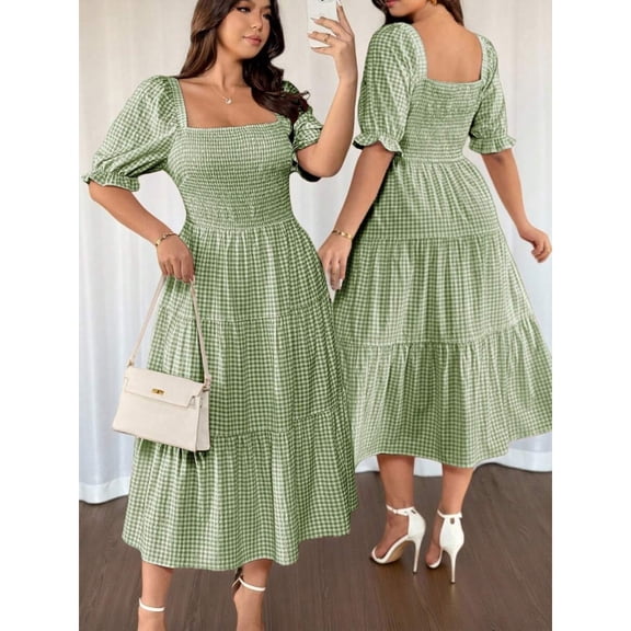 Green Gingham Square Neck A-Line Midi Dress With Half Puff Sleeves Casual Summer