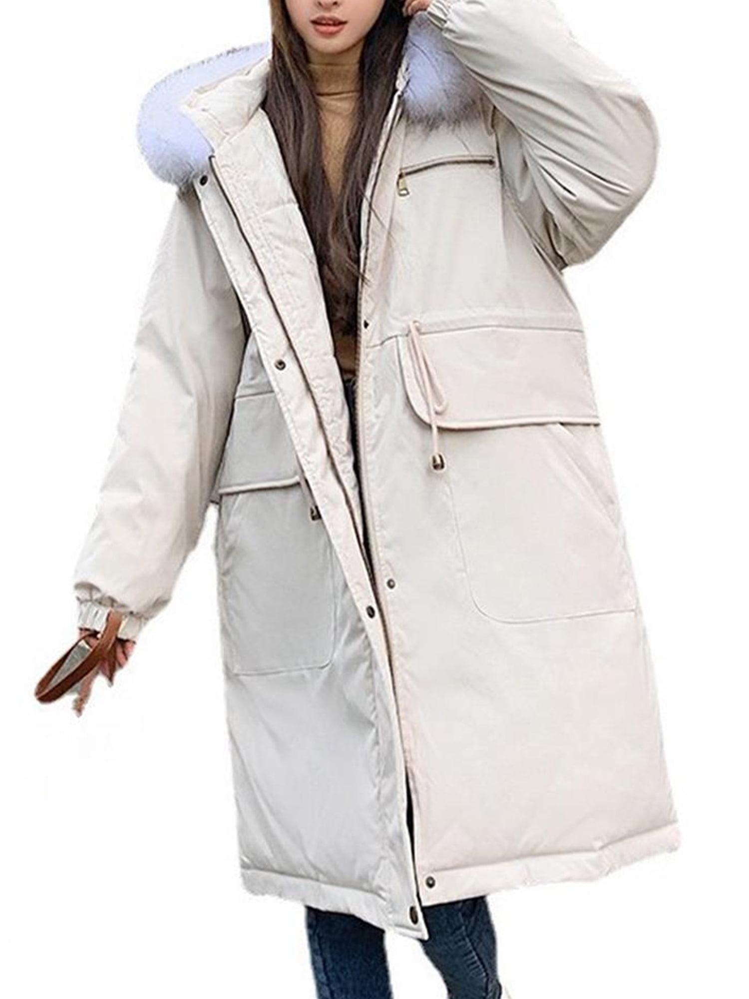 Ladies Women Long Sleeve Faux Fur Hooded Quilted Padded Winter Parka Coat Jacket 