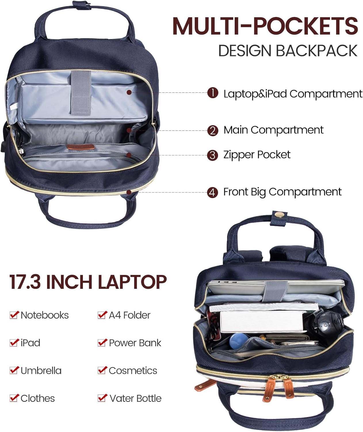 Lovevook Women's USB Charging Port Nylon 15.6" Laptop Backpack, Navy-Beige