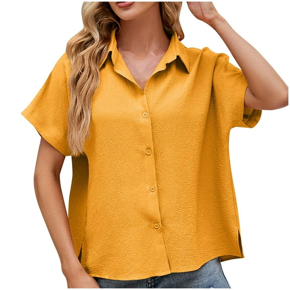 WREESH Women's Summer Casual Button Down Shirts Solid Color V-Neck Short Sleeve Shirt for Women's Summer Leisure Fashion Orange