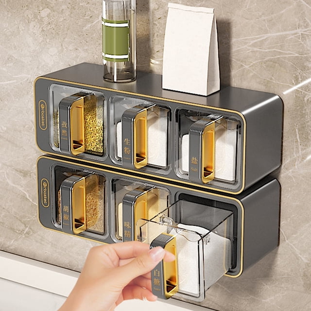 Lubelski 1 Set Wall Mount Seasoning Box with 3 Spoons Label Punch Free Adhesive Spice Condiment Salt Sugar Storage Jar Container Kitchen Supplies