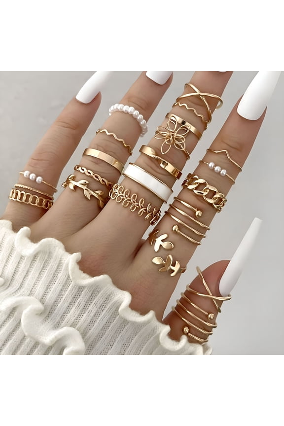 22-Piece Gold Knuckle Rings for Women,Stackable Chunky Rings Pack,Vintage Boho Rhinestone Pearl Ring Jewelry Set