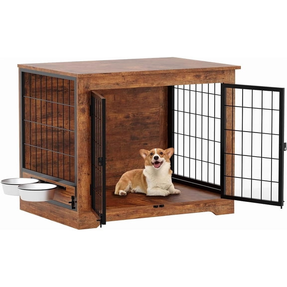 Rugerasy 32Inch Dog Crate Furniture for Large Dogs,Indoor Wooden Dog Kennel with 2 Door &2 360° Rotating Bowls,Decorative Heavy Duty Dog House for Small/Medium Dogs,Retro Brown