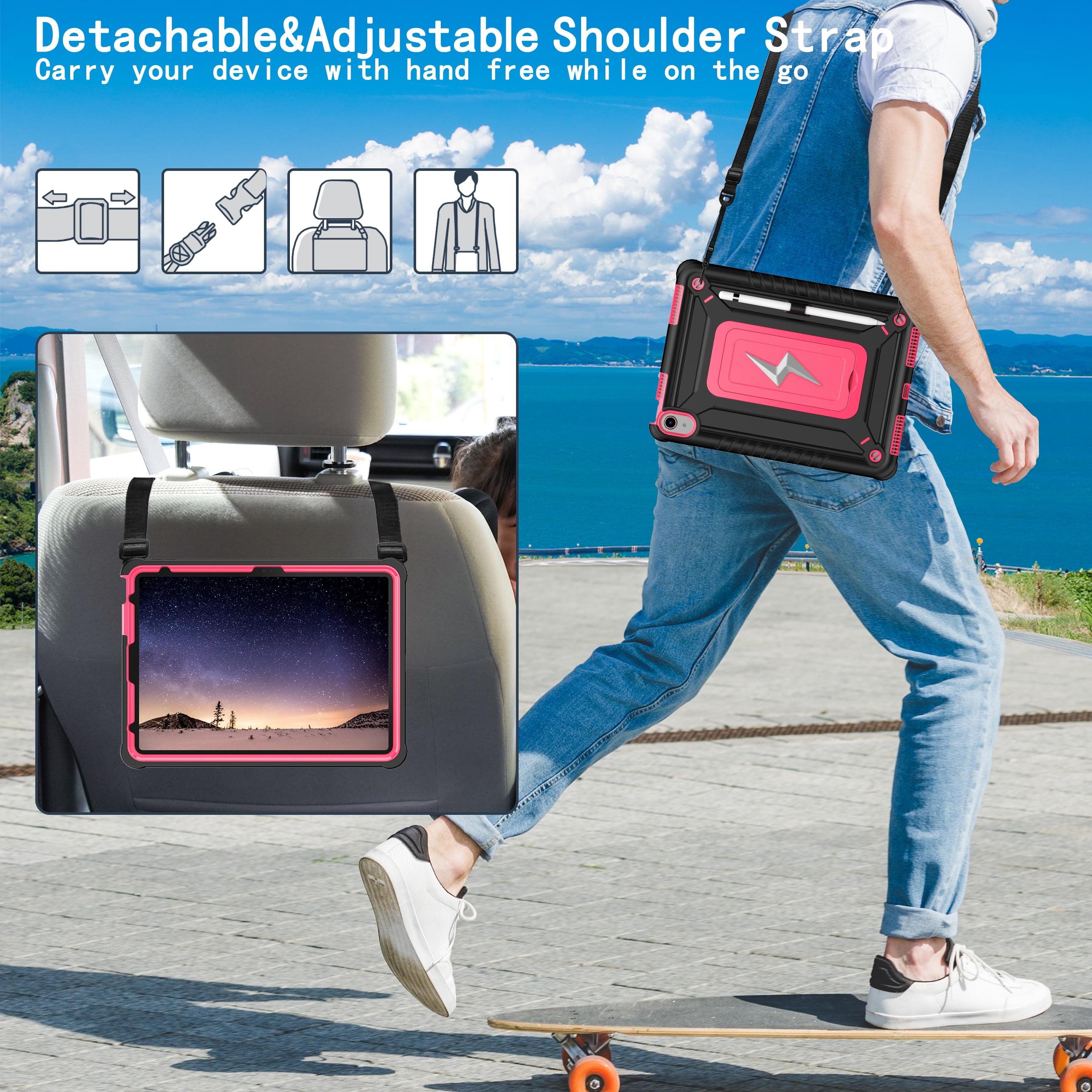 Allytechgroup Heavy Duty Shockproof Case for Apple iPad A16 11th Generation 11" 2025 & iPad 10th Generation 10.9" 2022, Tablet Case with Kickstand, Pencil Holder, Strap Kids Friendly Cover,Blackrose
