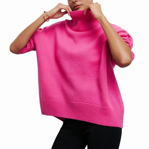 Women'S High Neck Sweaters Loose Fit Fall Winter Pullover Jumper Tops Rose Red S