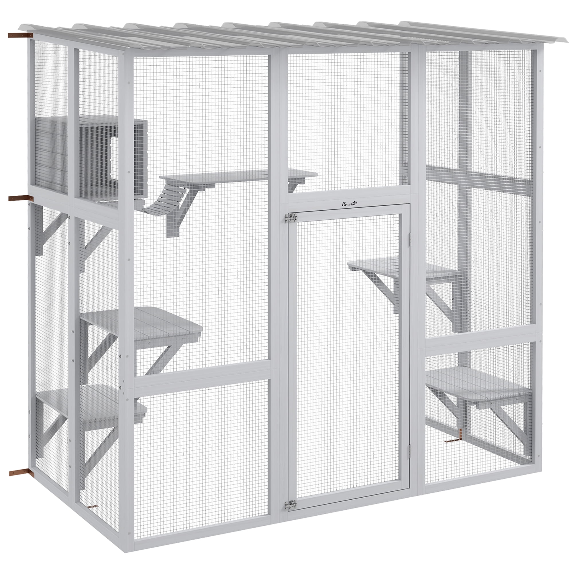PawHut Catio, Outdoor Cat Enclosure Window Box Wooden Cat House w/ Weather Protection Roof for 2 Kitties with Resting Box, Platforms & Bridge, White