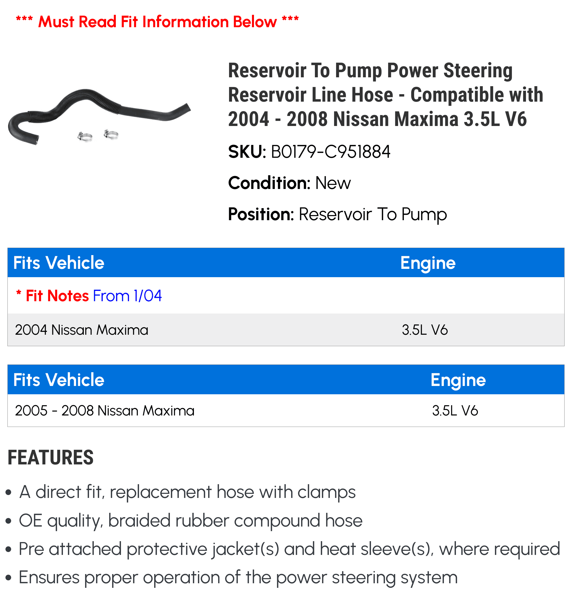 Reservoir To Pump Power Steering Reservoir Line Hose - Compatible with 2004 - 2008 Nissan Maxima 3.5L V6 2005 2006 2007
