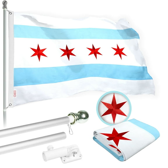G128 Flag Pole 5 FT Silver Tangle Free & Chicago Flag 2.5x4 FT Combo Embroidered Spun Polyester