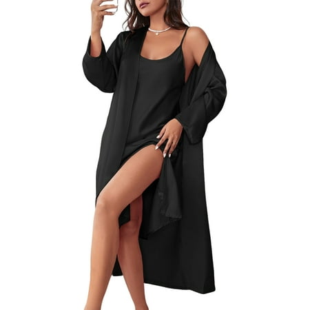 

Wrcnote Women Sleepwear Nightdress Robe And Nightgown Set 2 Pieces Outfits Pajamas Sets Home Clothes Pjs Nightwear Scoop Neck Black S