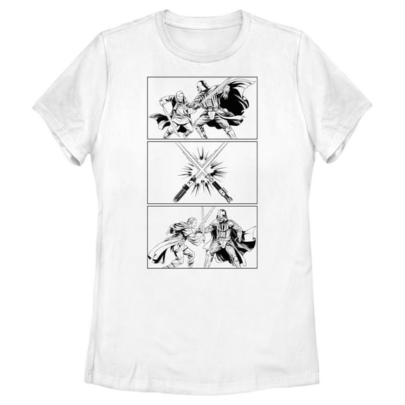 Women's Star Wars: Obi-Wan Kenobi Darth Vader vs Kenobi Sketch Panel Battle Graphic Tee White Small