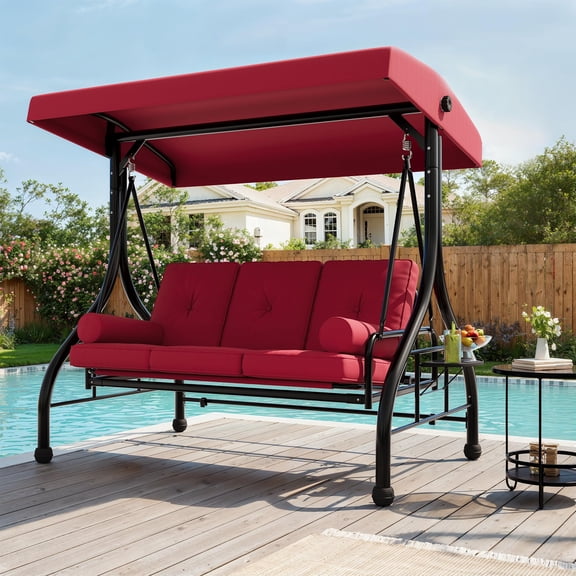 Garvee Heavy Duty 800lbs 3-Seat Outdoor Porch Swing Chair with Stand & Adjustable Canopy – Garden Patio Swing Bench for Adults with Cup Holder Tray, Cushions & Pillows – Wine Red