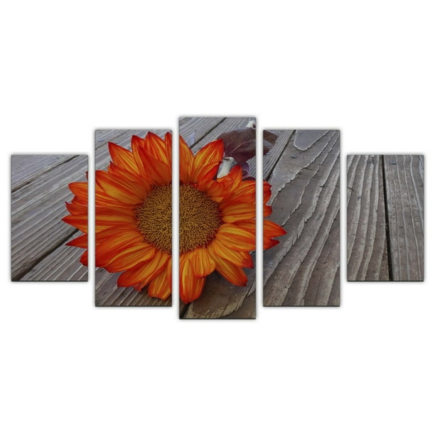 Juego de Cuadros Decorativos, Girasol Rojo sobre Madera Rústica, Estilo Campestre y Cálido, 5 Piezas, Ideal para Cabañas y Cocinas, 150x80cm