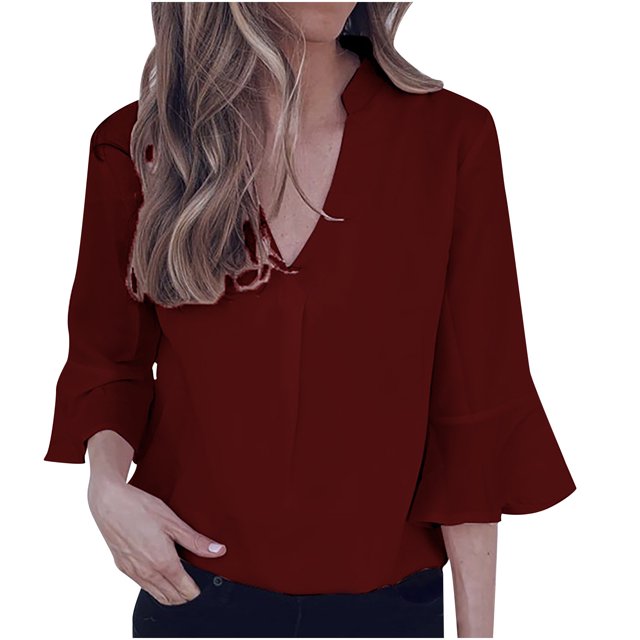 Mujeres Casual Moda Pullover Manga Larga Con Cuello En V Blusas Camiseta Soild Pompotops FGAJ15103