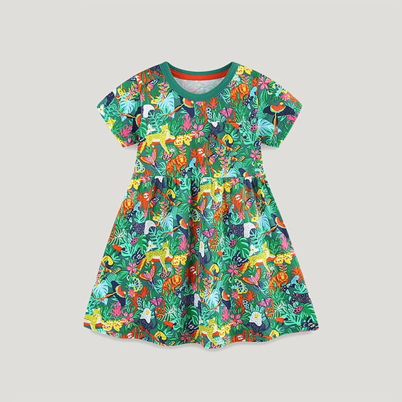 JUoaLXG Toddler Girls Casual Dresses Summer Short Sleeve Floral Print Dance Party Dress Streetwear,Green,2-3 Years