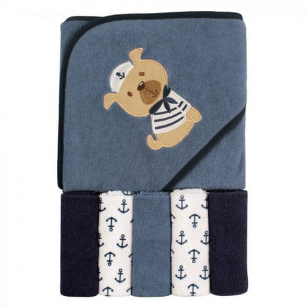 Luvable Friends Baby Boy Hooded Towel with Five Washcloths, Dog, One Size