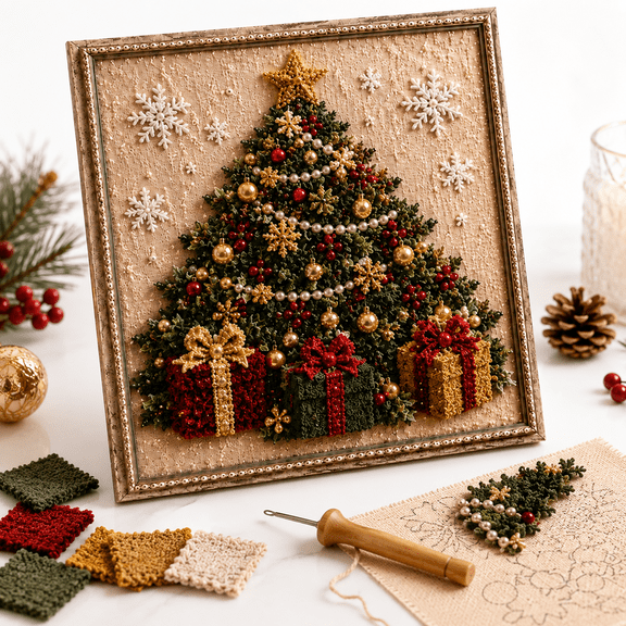 Christmas Fabric Poke Art Kit, 3D Christmas Fabric Poke Art Kit, Kinusaiga Fabric Art Kit No Sew DIY Craft with Pre-Cut Fabric Squares, Display Stand and Poking Tool for Adults