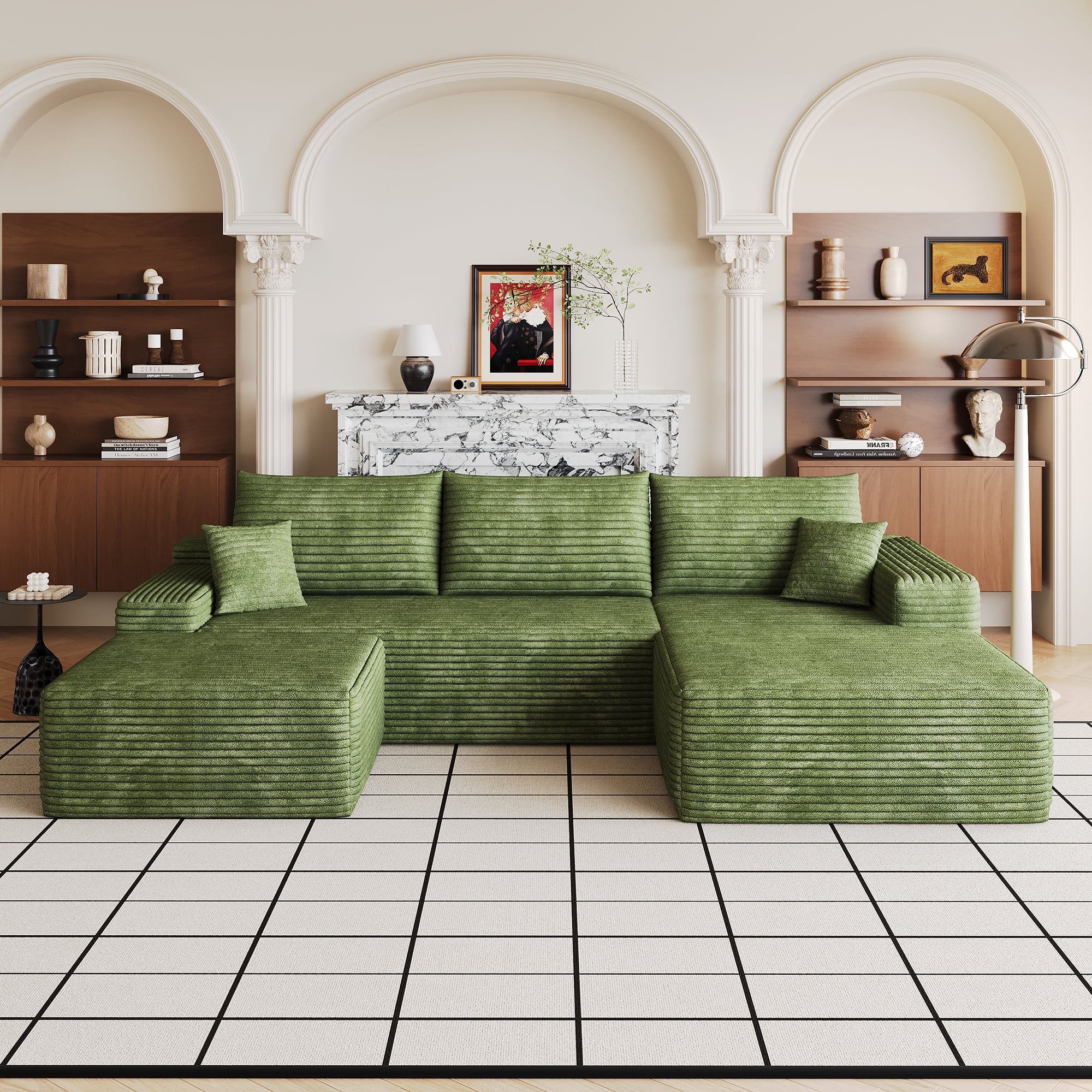Cloud Sectional Sofa 107 Inch, U-Shaped Modular Couch with Ottoman and Corduroy Fabric, Deep Seat Corner Sofa for Living Room, No Assembly Required, Green