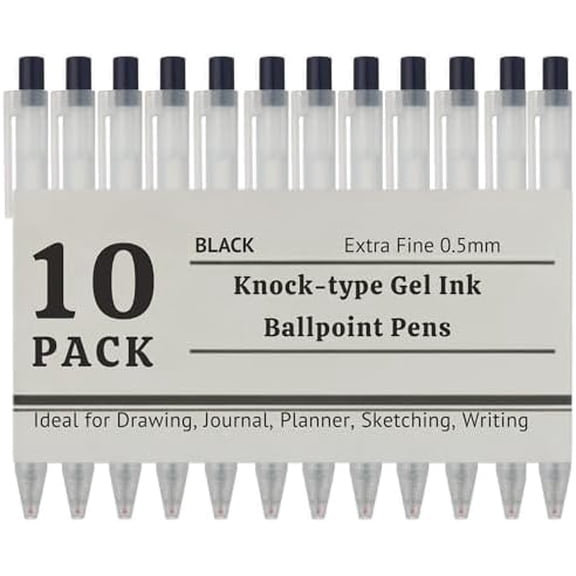 Muji 0.5 mm Pen Smooth Gel Ink Ballpoint Pens - Retractable, Knock Type, Fine Tip, Black Ink - Set of 10 - Gift for Students and Professionals$$Office