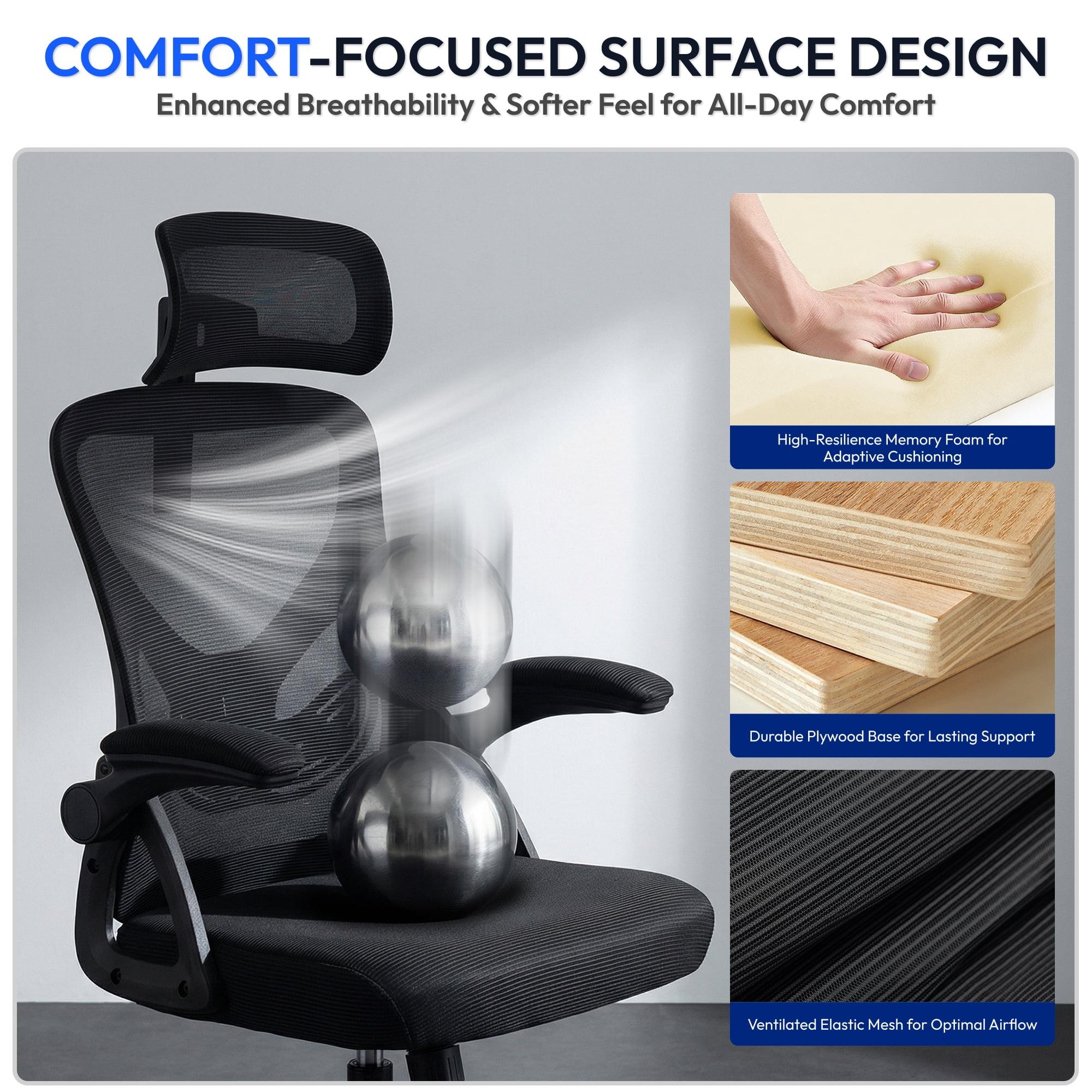 Ultifit Adult Farbic Adjustable Headrests and Adjustable Armrests Ergonomic Office Chairs Black 300lbs