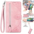 thumbnail image 1 of Nalacover Wallet Case for iPhone 13 Pro, Embossed Pattern Design Zipper Pocket Handbag Wrist Strap Premium PU Leather Flip Cover with Card Slots Holder Magnetic Clasp Kickstand Case,Pink, 1 of 13
