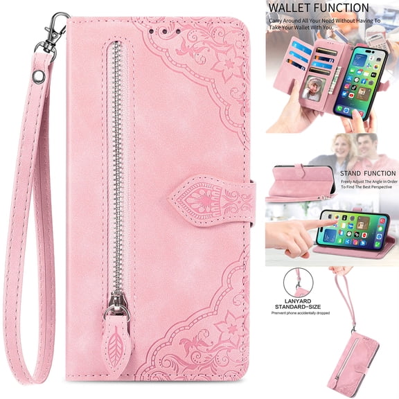 Nalacover Wallet Case for iPhone 14 Pro, Embossed Pattern Design Zipper Pocket Handbag Wrist Strap Premium PU Leather Flip Cover with Card Slots Holder Magnetic Clasp Kickstand Case,Pink