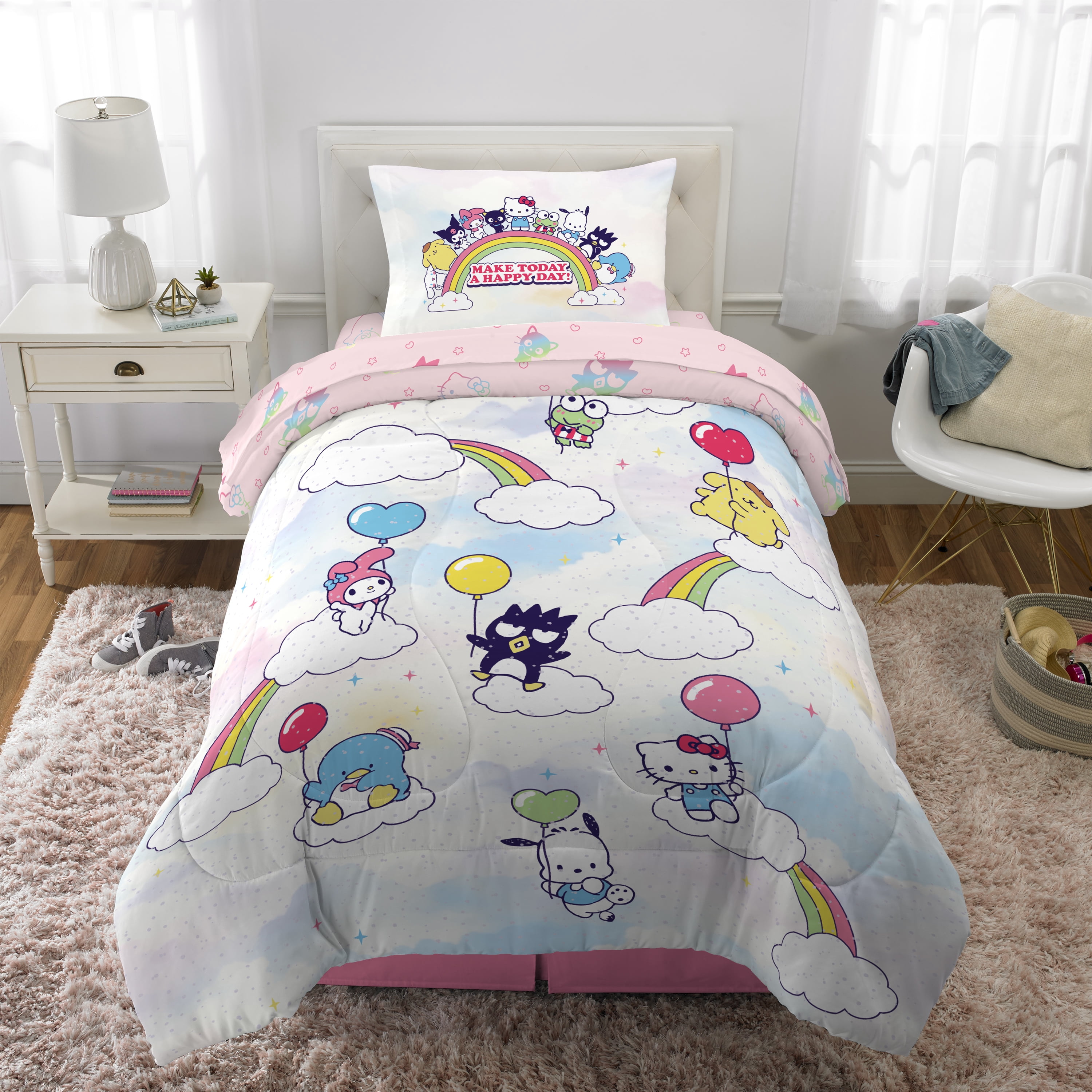 Hello Kitty and Friends Kids 4 Piece Reversible Comforter, Bed in a Bag, Twin