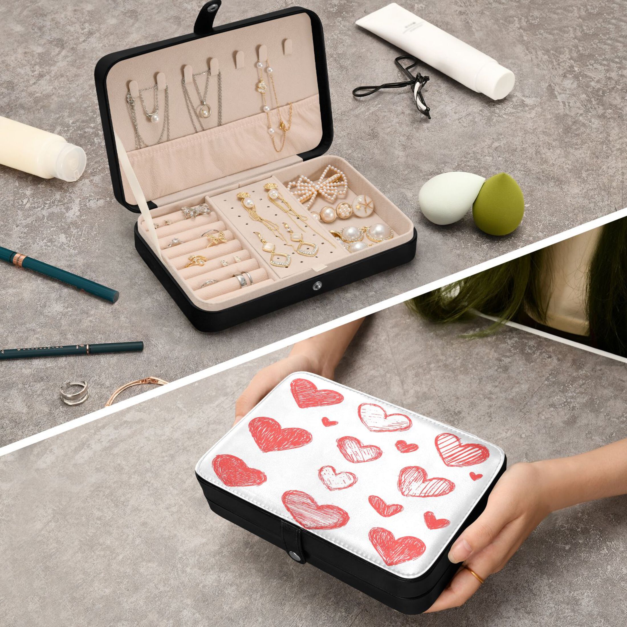Leather Jewelry Box Rectangular 8.27x5.5x1.78In Travel Jewelry Storage Earrings Necklace Bracelet Watch Brooch Storage Cartoon Heart