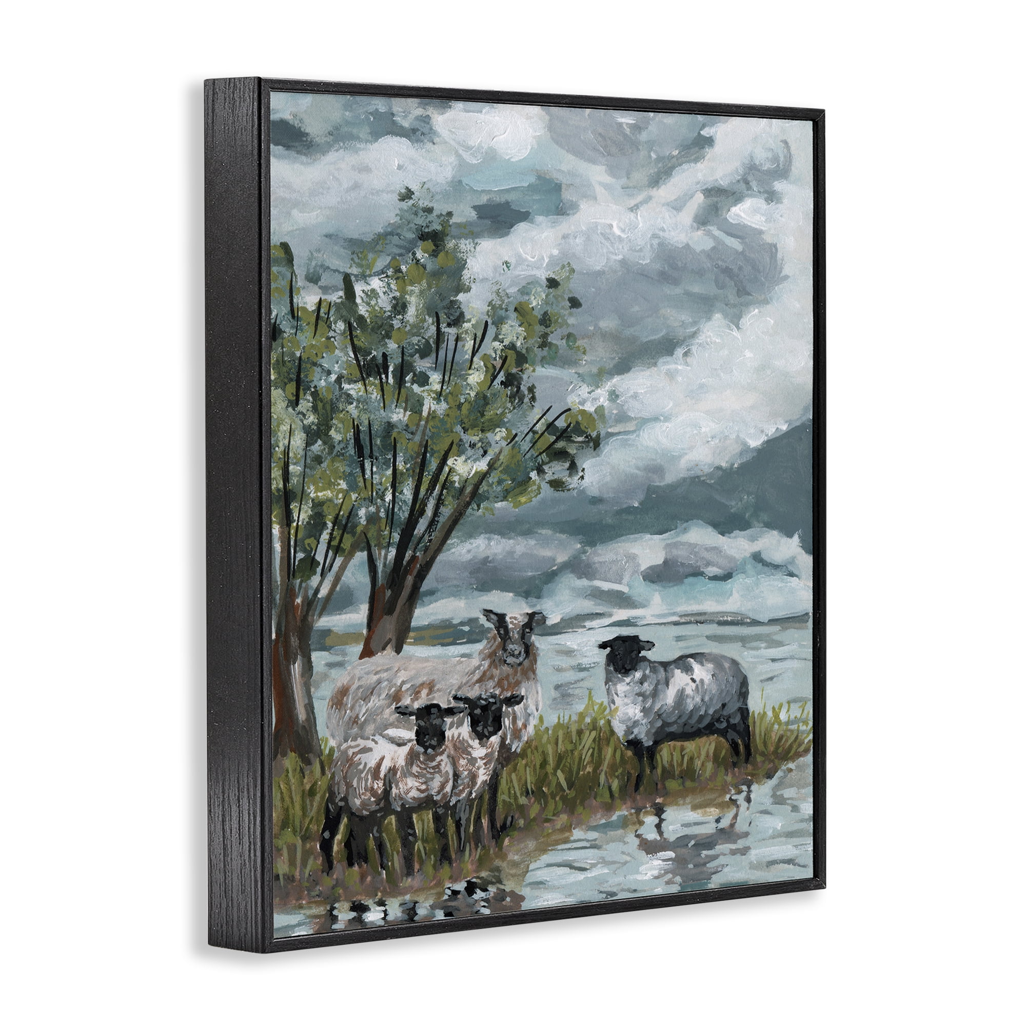 Stupell Industries Traditional Sheep View Landscape Painting Black Framed Art Print Wall Art, 16 x 20