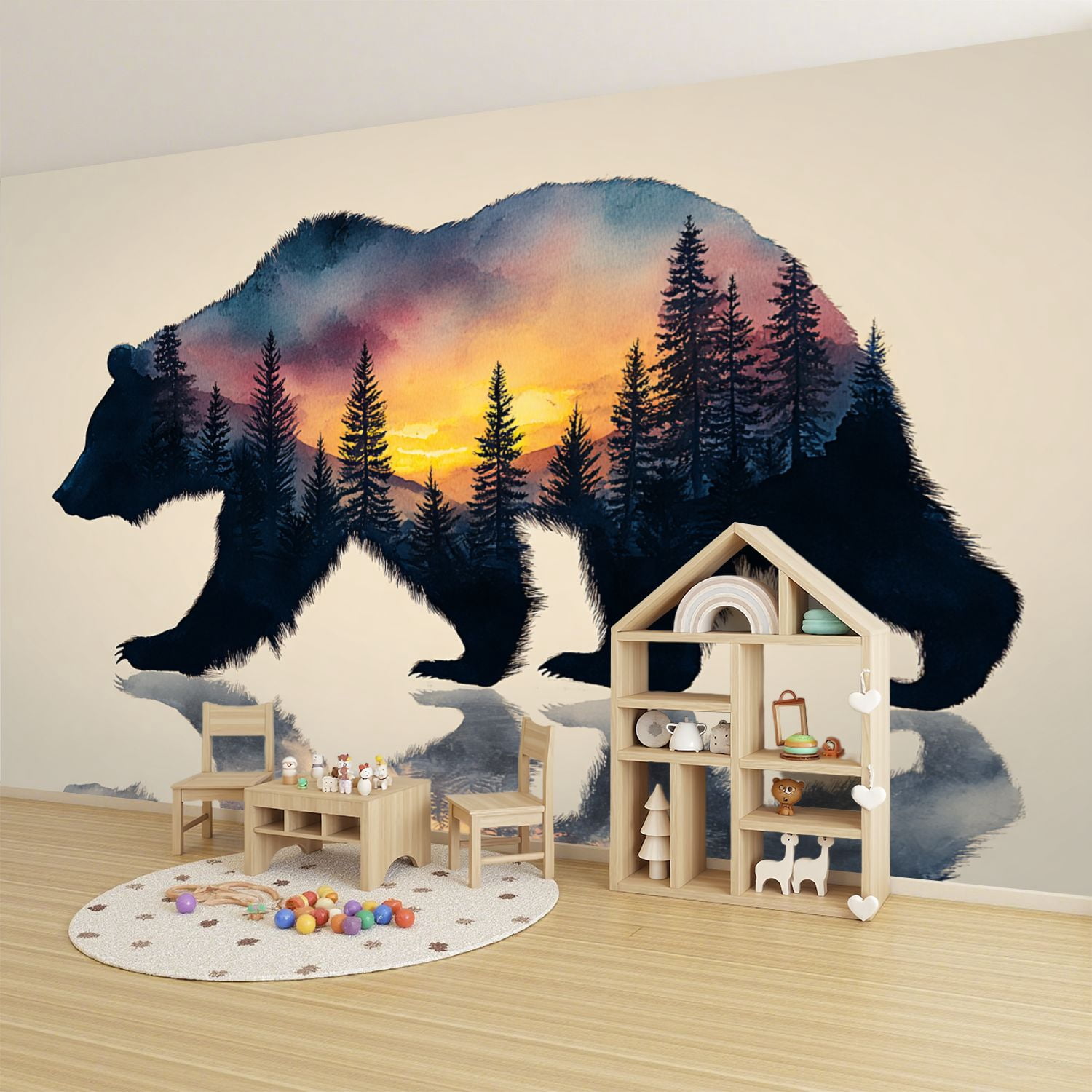 Wallpaper Animal Forest Scene Bear Trees Sunset Silhouette Peel and Stick Wall Murals 100"H x 144"W Removable PVC Wall Paper Self-Adhesive Wall Paintings Art Decor for Bedroom Living Room
