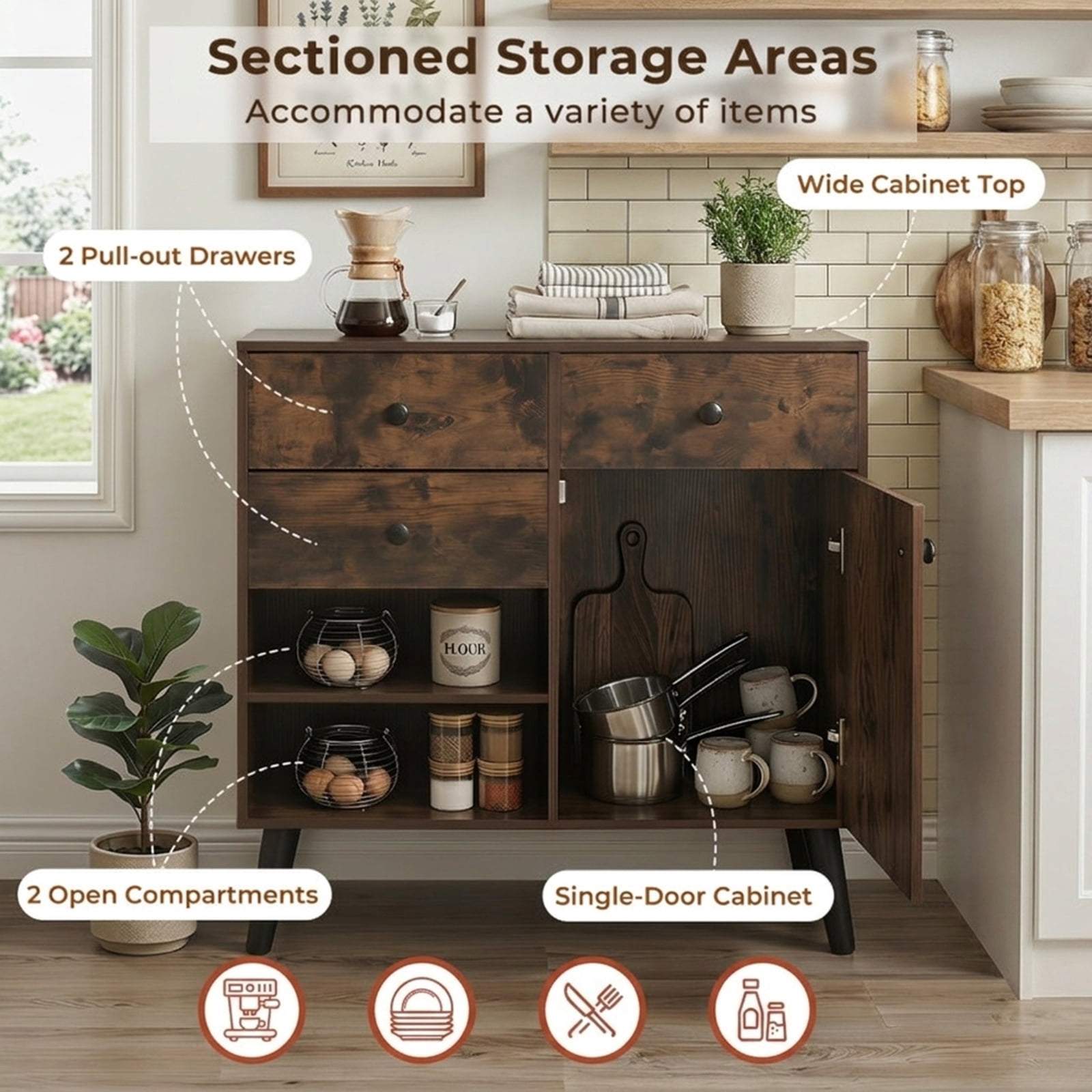 Furnibear 31" Sideboard Cabinet with 2 Open Compartments and 2 Drawers for Kitchen Dining Living Room Buffet Storage Server, Rustic Brown