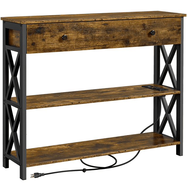 Rustic brown vintage wooden console table with black metal frame featuring one drawer, two open shelves and built-in power outlet.