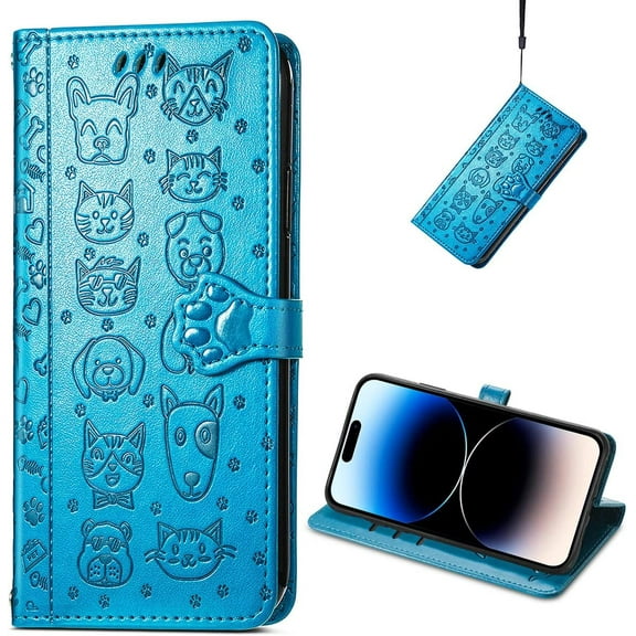 for iPhone 14 Pro PU Leather Flip Wallet Case, Cat Dog Cartoon Cute Style with ID Card Holder Phone Cover Case for Apple iPhone 14 Pro MG Blue