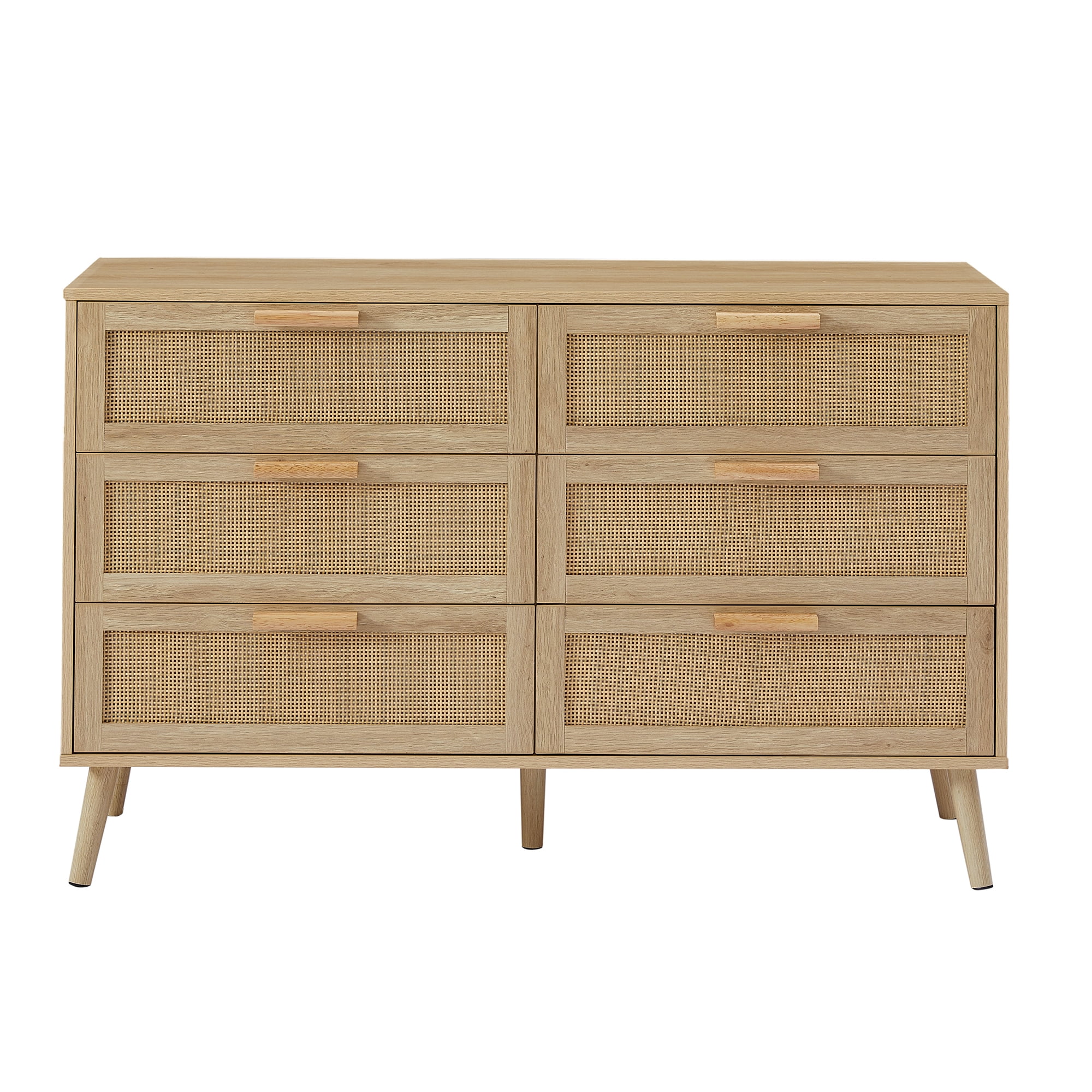 Lunale 47.2" Bedroom Dresser, 6 Double Dressers with rattan drawers, Wooden Chest of Drawers for Living Room, Nature