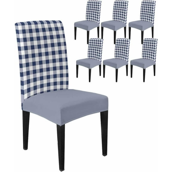Stretch Chair Covers Set of 6, Navy Blue and White Grid Universal Fit Elastic Decorative Dining Chairs Slipcovers for Wedding, Banquet, Pastoral Farm Theme