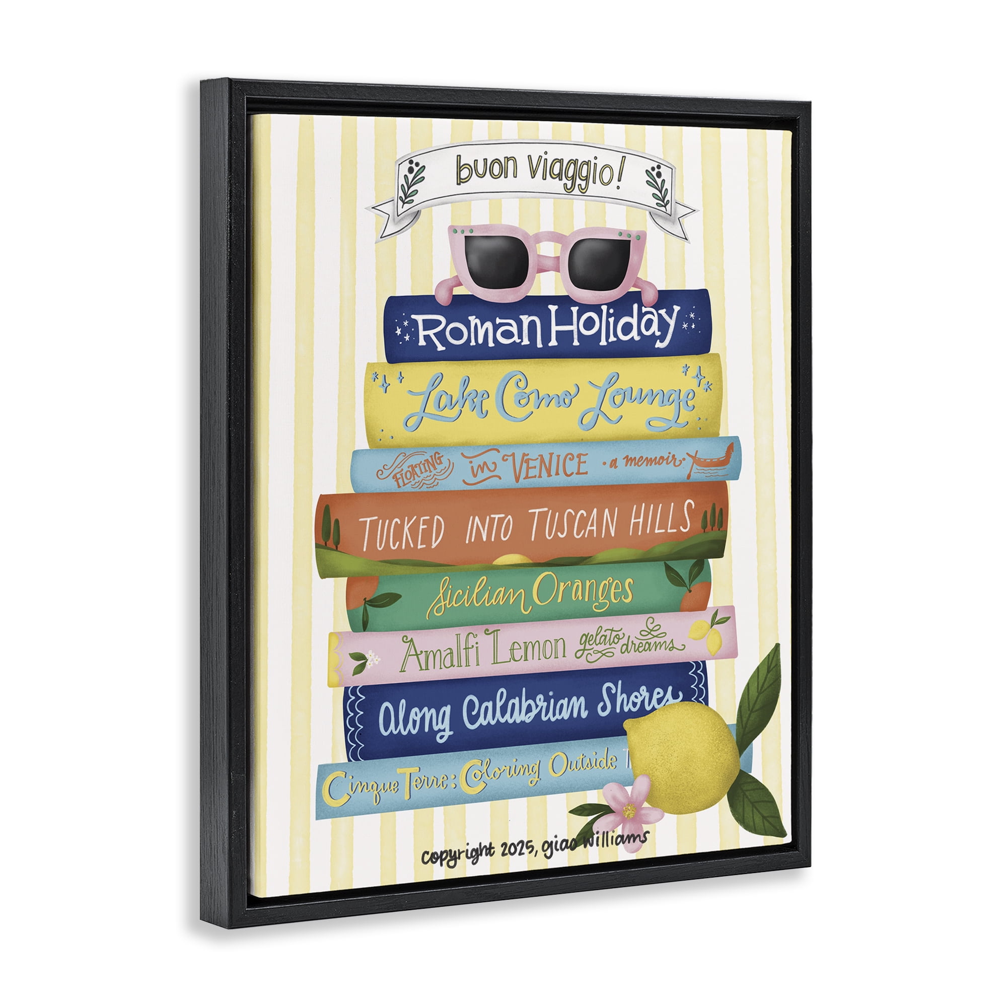 Stupell Industries Buon Viaggio Travel Books Black Framed Floater Canvas Wall Art, design by Giao Williams