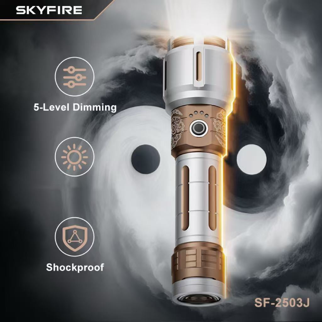 SKYFIRE New Model Flashlight - High Brightness - Rechargeable - Outdoor Flashlight - Extremely Bright, with five modes, equipped with a focusing lens and various complimentary items.