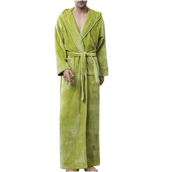 ShomPort Men's Hooded Flannel Robes Floor Length Shawl Collared Belt Cozy Warm Long Bathrobes Soft Loungewear with Pockets