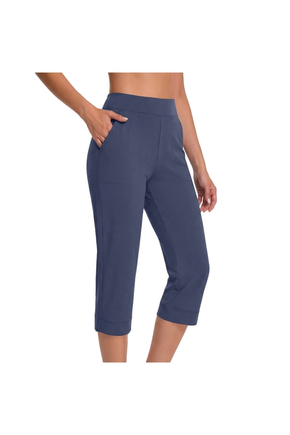 Womens Capri Pants High Waisted Straight Leg Yoga Capris Leggings with Pockets Crop Workout Tummy Control Silm Fit Summer Pants Navy XL