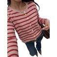 thumbnail image 3 of Women's Crew Neck Striped Button Down Long Sleeve Knit Cardigan Red S, 3 of 10