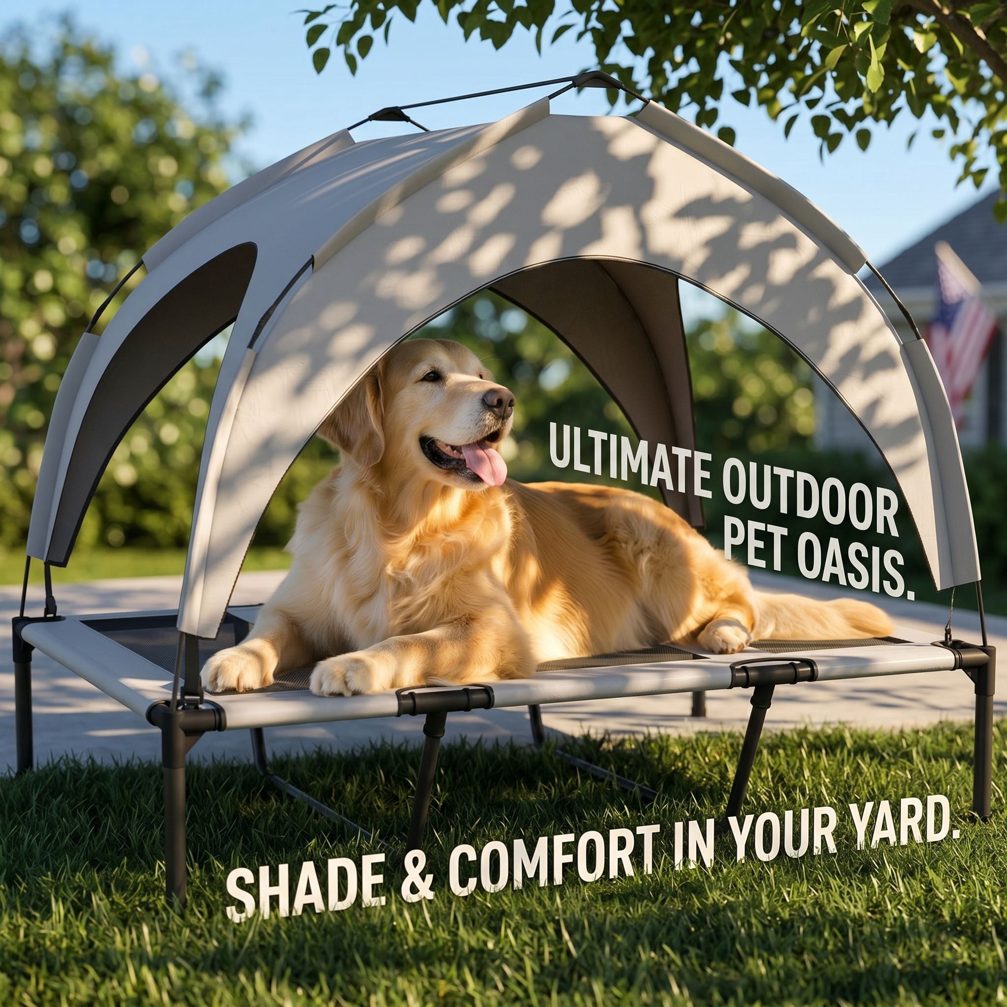 42" Elevated Dog Bed with Canopy, Raised Outdoor Pet Bed for Large Dogs with Portable Carry Bag & Cooling Mesh, Light Gray