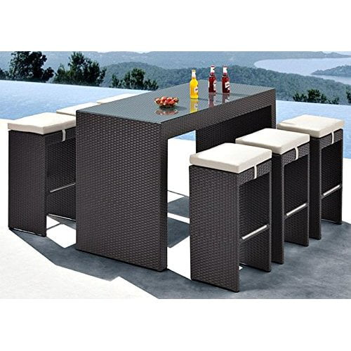 Gardens or Poolside Suitable for Bistro 6 High Stools with Cushion Backyards Black Porches Wicker Rattan Patio Bar Set with Wood Table Top 7 Pcs Outdoor Bar Set 